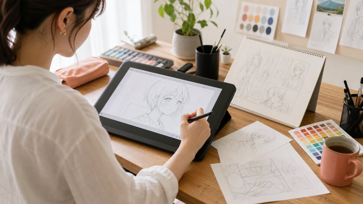 デジタルイラストやマンガ制作を始めるため、タブレットで作品を描く人