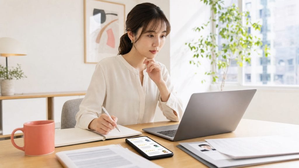 転職の面接前に会社の口コミを調べるため、ノートとパソコンで準備する人