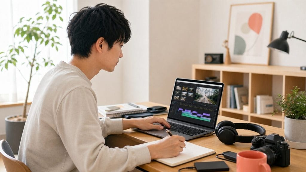 動画編集を副業にするため、パソコンで編集スキルを学ぶ人