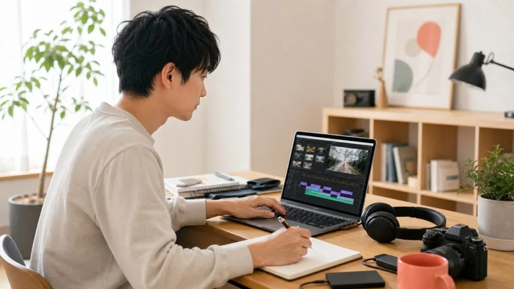 動画編集を副業にするため、パソコンで編集スキルを学ぶ人