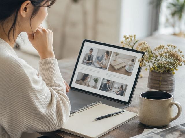 仕事コラムを読んで働き方を調べるワークシーン