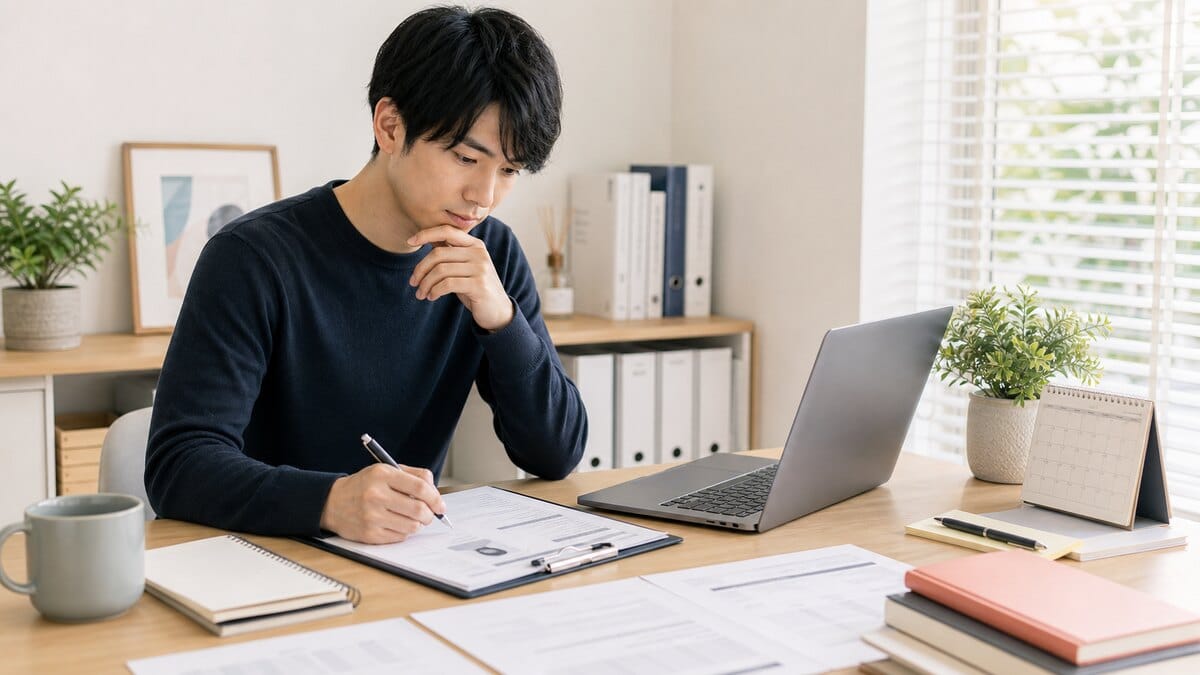 転職活動を始める前に、職務経歴書と応募書類をパソコンで準備する人